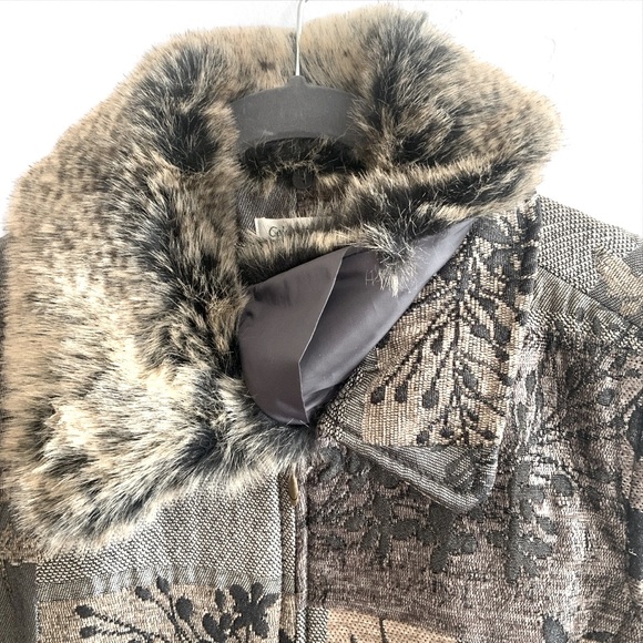 Coldwater Creek Tapestry Patchwork Gray Vest Removable Faux Fur Collar Large NWT - Picture 5 of 13